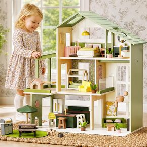 Tiny Land Doll House, Modern Family Dollhouse with Realistic Design, Wooden Dollhouse with 53Pcs Furniture - Ideal Gift for Kids Ages 3+ in Kuwait