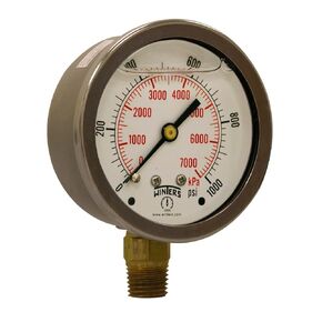 Winters 2-1/2" Dial Size, Liquid Filled Industrial Pressure Gauge, Brass Internals, Stainless Steel Case, Dual Scale 0-10,000 psi/kPa, 1.5% Acc, 1/4" NPT Bottom Mount, Glycerin Filled Pressure Gauge in Kuwait