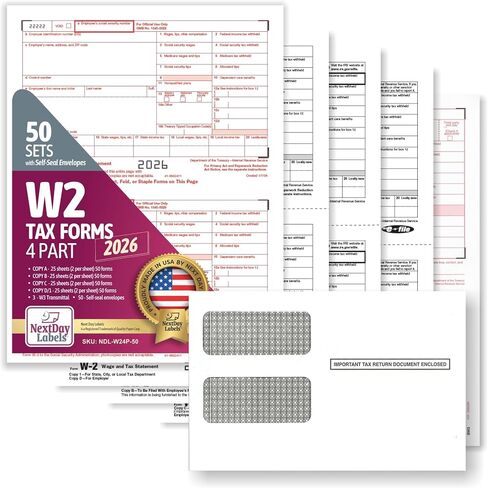 NextDayLabels - W2 Forms 2023, 4 Part Tax Forms, (Set of 50 with Self Seal Envelopes) Laser Ink/Jet Forms for QuickBooks and Accounting Software in Kuwait