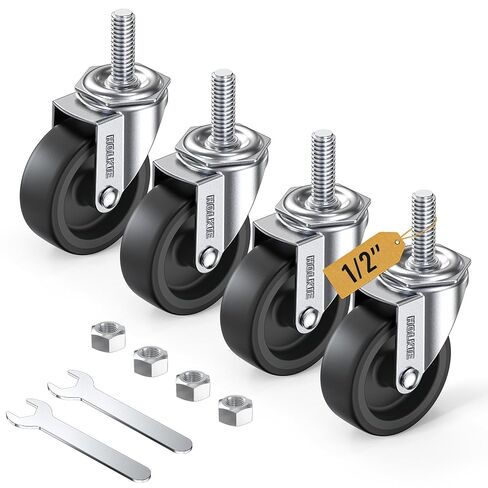 Caster Wheels 3 inch with No Brake Stem Casters, 3/8" -16 x 1-1/2" (Stem Diameter 3/8", Stem Length 1-1/2") Threaded Swivel Casters Set of 4 Heavy Duty Castors Black in Kuwait