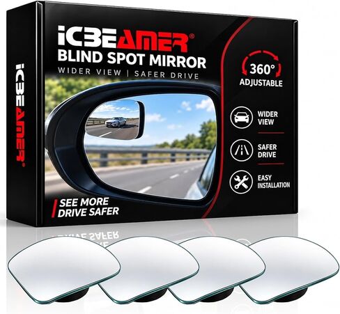 ICBEAMER قطعتان من مرآة النقطة العمياء الخلفية للسيارات على شكل مروحة، تصميم دوار 360 درجة، مرآة جانبية للسيارات، مرآة زاوية واسعة، مرآة رؤية خلفية محدبة للسلامة لسيارة شاحنة فان in Kuwait