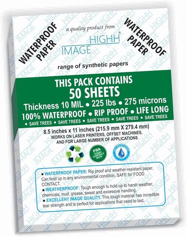 WATERPROOF PAPER | 25 SHEETS, THICKNESS 10 MIL LB, 225 LB, 275 MICRONS SYNTHETIC PAPER, 8.5X11 from HIGHH IMAGE | PRINT WITH LASER PRINTERS | OFFICE PRINTERS in Kuwait