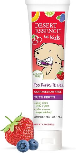 Desert Essence, Tutti Frutti Toothpaste Kids Gel, 4.7 oz. - Safe to Swallow, Fluoride Free, SLS Free, Gluten-Free, Vegan, Plant Powered Formula, Great Tasting, Removes Plaque and Buildup in Kuwait
