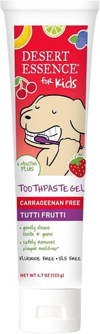 Desert Essence, Tutti Frutti Toothpaste Kids Gel, 4.7 oz. - Safe to Swallow, Fluoride Free, SLS Free, Gluten-Free, Vegan, Plant Powered Formula, Great Tasting, Removes Plaque and Buildup in Kuwait