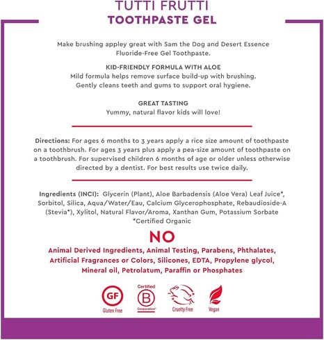 Desert Essence, Tutti Frutti Toothpaste Kids Gel, 4.7 oz. - Safe to Swallow, Fluoride Free, SLS Free, Gluten-Free, Vegan, Plant Powered Formula, Great Tasting, Removes Plaque and Buildup in Kuwait
