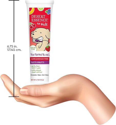 Desert Essence, Tutti Frutti Toothpaste Kids Gel, 4.7 oz. - Safe to Swallow, Fluoride Free, SLS Free, Gluten-Free, Vegan, Plant Powered Formula, Great Tasting, Removes Plaque and Buildup in Kuwait