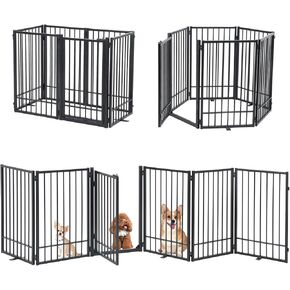 SMONTER Free Standing Dog Gate with Door Walk Through, 120'' Extra Wide Indoor Dog Fence, 31.5'' H 6 Panels Foldable Metal Pet Puppy Gate for Stairs, Hallways, Doorway, White in Kuwait