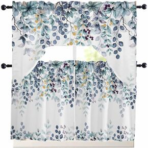 Swag Curtain Valances Sage Green Eucalyptus Leaves Swag Valances for Kitchen Windows Berry Plant Rod Pocket Window Treatment Curtains Drapes for Kitchen Bedroom Living Room Bathroom Over Sink 56"x36" in Kuwait