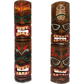 Set of 10 Hand-Carved Tiki Masks - 12-Inch Polynesian Wooden Wall Decor, Artisan-Crafted by Indonesian Masters, Vibrant Island Colors, Versatile Hanging Options, Unique Artistry in Kuwait