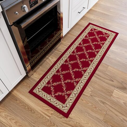 Machine Washable Trellis Design Non-Slip Rubberback 2x5 Modern Runner Rug for Hallway, Kitchen, Living Room, Bedroom, Entryway, 20" x 59", Red Trellis in Kuwait