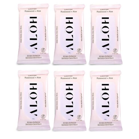 ALŌH Lavender Rosewood + Aloe Sanitizing Hand Wipes - Clean Hands, Clear Mind - On The Go Hand Sanitizer Wipes for Kids and Adults - Travel Size 6 Pack, 20ct Wipes (120 wipes) in Kuwait