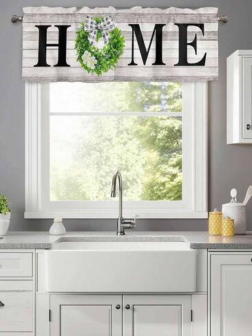 Home Window Valance Rod Pocket Short Curtain Panels,Retro Wood Board Kitchen Valances Curtains,Boxwood Wreath Flower Bow Window Treatments Drapes for Living Room Bedroom 42x12in in Kuwait