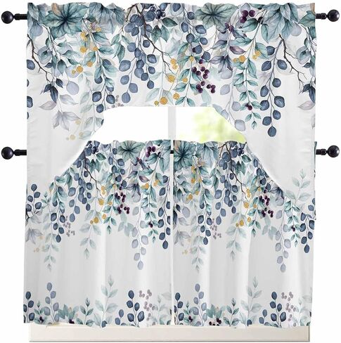 Swag Curtain Valances Sage Green Eucalyptus Leaves Swag Valances for Kitchen Windows Berry Plant Rod Pocket Window Treatment Curtains Drapes for Kitchen Bedroom Living Room Bathroom Over Sink 56"x36" in Kuwait