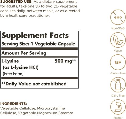 SOLGAR L-Lysine 500 mg - 100 كبسولة نباتية - دعم الجلد والأنسجة - غير معدلة وراثيًا، نباتي، كوشير، خالي من الغلوتين - 100 وجبة in Kuwait