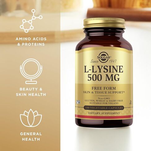 SOLGAR L-Lysine 500 mg - 100 كبسولة نباتية - دعم الجلد والأنسجة - غير معدلة وراثيًا، نباتي، كوشير، خالي من الغلوتين - 100 وجبة in Kuwait