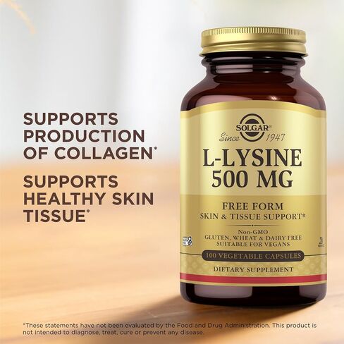 SOLGAR L-Lysine 500 mg - 100 كبسولة نباتية - دعم الجلد والأنسجة - غير معدلة وراثيًا، نباتي، كوشير، خالي من الغلوتين - 100 وجبة in Kuwait