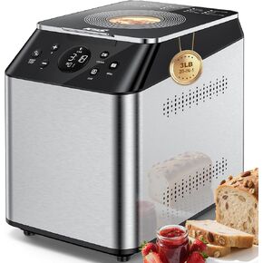 KBS 2LB Bread Maker, 19-in-1 Automatic Bread Machine Stainless Steel with Ceramic Pan,15H Timer&1H Keep Warm, Sourdough, Gluten-Free, 650W Bread Maker Machine with 3 Loaf Sizes 3 Crust Colors, Recipes in Kuwait