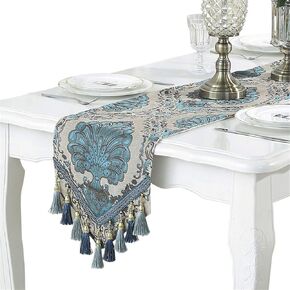Embroidery Luxury Table Runner Jacquard Floral Dresser Scarf with Multi-Tassels, 13" x 62", Blue in Kuwait