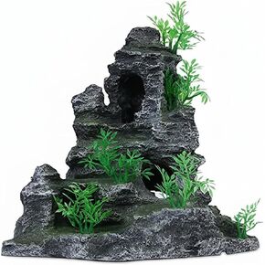 AnRui Aquarium Mountain View Rock Landscaping Decorations Fish Tank Resin Rock Hiding Cave Ornaments with Small Plant in Kuwait