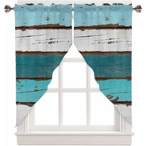 Wooden Board Swag Valance Curtains Vintage Farm Teal Ocean Aqua Green Blue Wood Grain Rod Pocket Kitchen Curtains Scalloped Window Treatment Valances Swag Curtains for Living Room, 1 Pair, 28"W x 36"L in Kuwait
