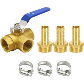 3 Way (L-Port) Brass 3/8" Hose Barb Forged Ball Valve 1/4" G Female Thread with Lever Handle in Kuwait
