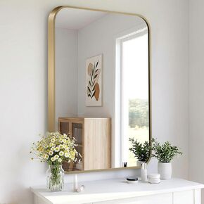 16x20 Inch Bathroom Mirror for Wall,Gold Framed Rectangle Mirror with Rounded Corner,Aluminum Alloy Framed Brushed Wall Mirror for Bedroom or Living Room,Vertical or Horizontal in Kuwait