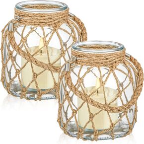 2 Set Glass Candle Lantern with Rope Handle 5.5" x 5.5" x 6.3" Coastal Glass Jar Battery Operated LED Flameless Lantern Hanging Mason Tea Lights Candles for Party Sea Beach Decoration in Kuwait