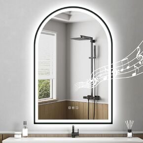 مرآة حمام LED مقاس 36 × 28 بوصة مع مكبر صوت بلوتوث، 3 ألوان إضاءة خافتة، مضادة للضباب، مقاومة للماء IP65، وظيفة الذاكرة - مرآة بإضاءة أمامية وخلفية in Kuwait