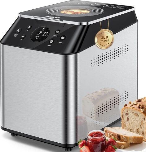 KBS 2LB Bread Maker, 19-in-1 Automatic Bread Machine Stainless Steel with Ceramic Pan,15H Timer&1H Keep Warm, Sourdough, Gluten-Free, 650W Bread Maker Machine with 3 Loaf Sizes 3 Crust Colors, Recipes in Kuwait