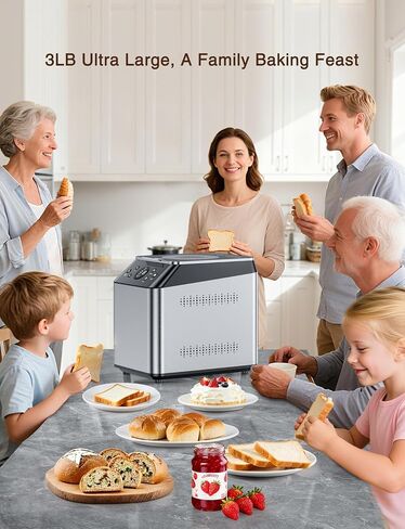 KBS 2LB Bread Maker, 19-in-1 Automatic Bread Machine Stainless Steel with Ceramic Pan,15H Timer&1H Keep Warm, Sourdough, Gluten-Free, 650W Bread Maker Machine with 3 Loaf Sizes 3 Crust Colors, Recipes in Kuwait