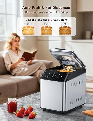 KBS 2LB Bread Maker, 19-in-1 Automatic Bread Machine Stainless Steel with Ceramic Pan,15H Timer&1H Keep Warm, Sourdough, Gluten-Free, 650W Bread Maker Machine with 3 Loaf Sizes 3 Crust Colors, Recipes in Kuwait