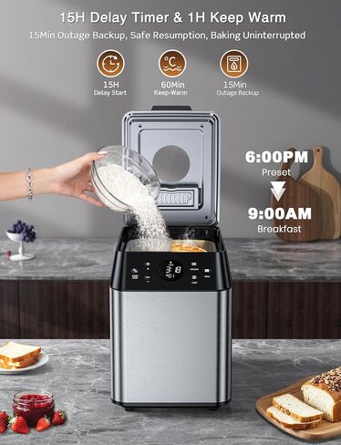 KBS 2LB Bread Maker, 19-in-1 Automatic Bread Machine Stainless Steel with Ceramic Pan,15H Timer&1H Keep Warm, Sourdough, Gluten-Free, 650W Bread Maker Machine with 3 Loaf Sizes 3 Crust Colors, Recipes in Kuwait