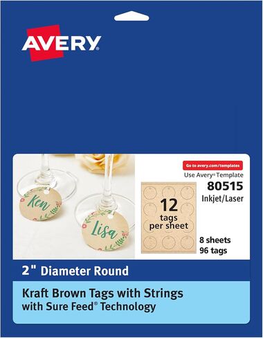 علامات Avery مستديرة مع تقنية Sure Feed، قطر 2 بوصة، أبيض غير لامع، 120 علامة مستديرة مع خيوط، طباعة إلى الحافة، علامات قابلة للطباعة بالليزر/النافثة للحبر (80512) in Kuwait