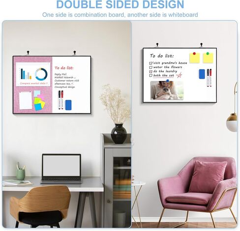 ARCOBIS Cork Board White Board Combo, 24"X18" Linen Bulletin Board Whiteboard for Wall, Double-Sided Magnetic Dry Erase Corkboard for Home, Office, School, Dark Grey in Kuwait