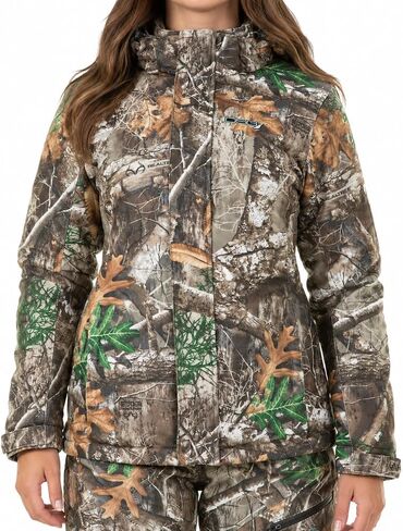 Addie Hunting Jacket for Women - 120g Insulated, DWR Waterproof Tricot, with Wrist Gaiters and Removable Hood (Realtree Edge, Large) in Kuwait