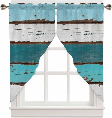 Wooden Board Swag Valance Curtains Vintage Farm Teal Ocean Aqua Green Blue Wood Grain Rod Pocket Kitchen Curtains Scalloped Window Treatment Valances Swag Curtains for Living Room, 1 Pair, 28"W x 36"L in Kuwait