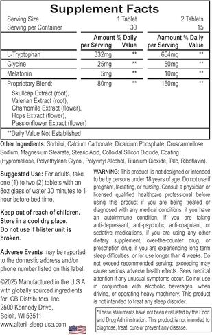 Biotab Nutraceuticals Alteril مساعد النوم مع L-Tryptophan، أقراص 30 لكل قطعة (قد تختلف العبوة) in Kuwait