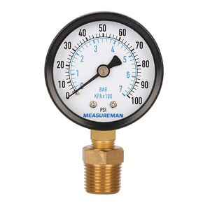 MEASUREMAN 2-1/2" dial, 1/4" NPT Lower Mount, Steel case, Brass Inside, Dry, 0-100psi/kpa, Adaptor 1/2" NPT Male in Kuwait