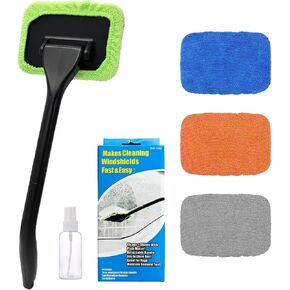 Ohleats Car Windshield Cleaning Tool, Microfiber Window Cleaner with 4 Washable and Reusable Cloth Pad & Long Handle, Auto Glass Wiper Cleaning Kit with Spray Bottle, Car Accessories in Kuwait