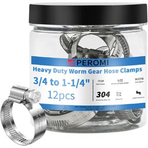 Hose Clamps, PEROMI 304 Stainless Steel Worm Gear Drive Mini Hose Clamp Adjustable Range 3/4" to 1-1/4", Heavy Duty High Pressure German Type Clamp for Automotive Plumbing,12pcs in Kuwait