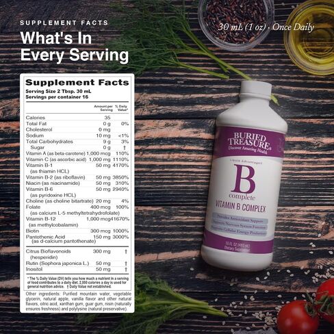 Buried Treasure B Complete High Potency All B Vitamins Liquid Supplement for Stress, Energy and Healthy Immune Support Vegan Non-GMO, 16 oz w/ Dose Cup in Kuwait
