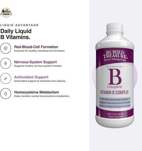 Buried Treasure B Complete High Potency All B Vitamins Liquid Supplement for Stress, Energy and Healthy Immune Support Vegan Non-GMO, 16 oz w/ Dose Cup in Kuwait