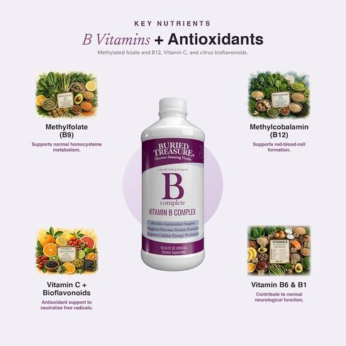 Buried Treasure B Complete High Potency All B Vitamins Liquid Supplement for Stress, Energy and Healthy Immune Support Vegan Non-GMO, 16 oz w/ Dose Cup in Kuwait