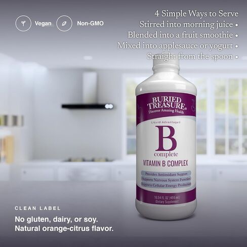 Buried Treasure B Complete High Potency All B Vitamins Liquid Supplement for Stress, Energy and Healthy Immune Support Vegan Non-GMO, 16 oz w/ Dose Cup in Kuwait
