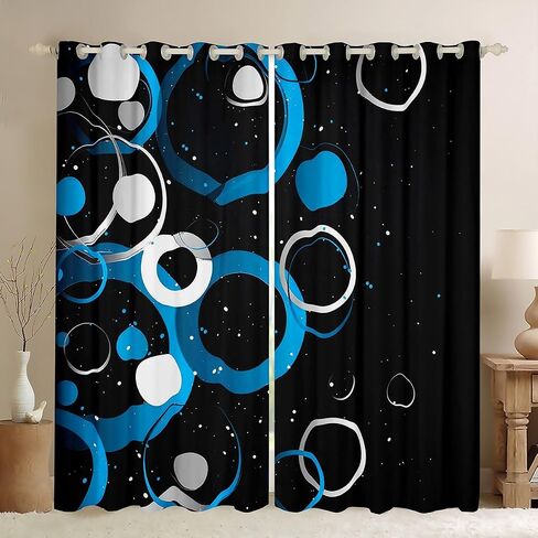 Manfei Kids Blue Geometric Window Curtains Black White Grey Square Window Treatments, Modern Abstract Window Drapes for Boys Girls Room Decor Grommet Top 2 Panel Set Bedroom Curtains, 38Wx54L inch in Kuwait