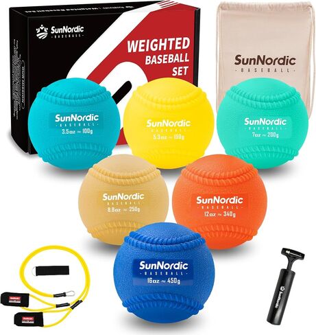 6 Pack Seams Plyometric Weighted Baseball Set (3.5-16/35/53/70 oz) - Variable Weight Plyo Baseballs for Improved Power & Pitching Training - for All Skill Levels in Kuwait