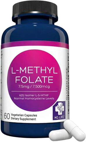 MD Life L-Methylfolate 7.5mg - Professional-Grade Active Methylfolate Supplement - Maximum Potency MTHFR Supplements - L-methylfolate 7.5 mg 60 Capsules - Essential Amino Acids in Kuwait