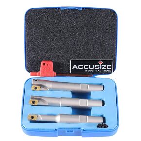 Accusize Industrial Tools Indexable End Mills, 4 Pc, 1/2" to 1", 0028-8416 | 90° Square Shoulder, APKT11T308 TiN Coated Carbide Inserts, 1/2" Shank, Nickel Plated, Extra Screws and Torx Wrench in Case in Kuwait