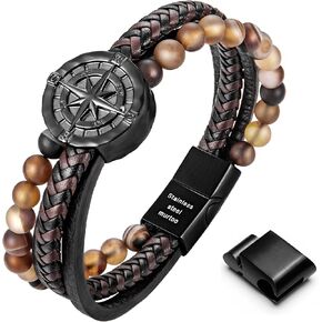 murtoo Mens Bracelet, Leather and Steel, Multi-layer Leather Bracelet for Men with Compass, Gift Idea for Boyfriend Husband Father in Kuwait