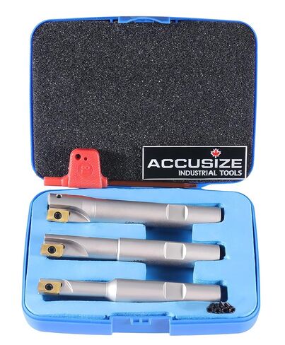Accusize Industrial Tools Indexable End Mills, 4 Pc, 1/2" to 1", 0028-8416 | 90° Square Shoulder, APKT11T308 TiN Coated Carbide Inserts, 1/2" Shank, Nickel Plated, Extra Screws and Torx Wrench in Case in Kuwait